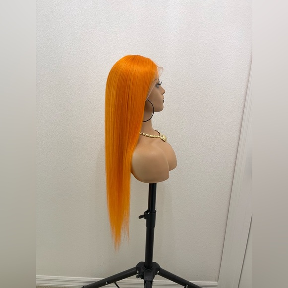 24” Orange Straight Human Hair, Transparent Lace Front Wig - Picture 3 of 12